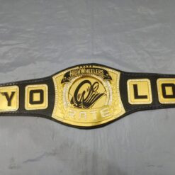 Front view of the Yolo High Wheelers Championship Belt showcasing the spinner center plate and detailed engravings.