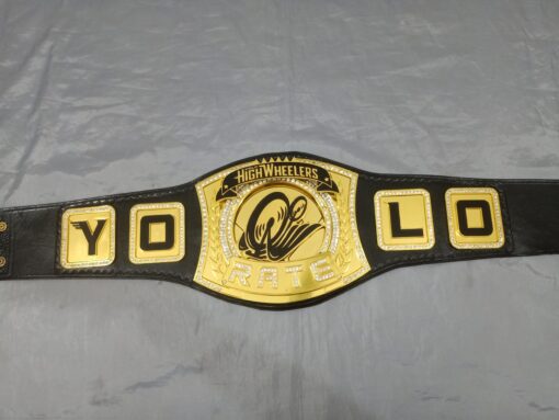 Front view of the Yolo High Wheelers Championship Belt showcasing the spinner center plate and detailed engravings.