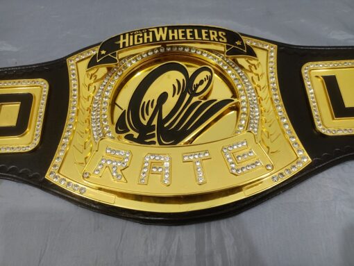 Yolo High Wheelers Championship Belt featuring shiny chrome and gold high-quality paint on the plates.