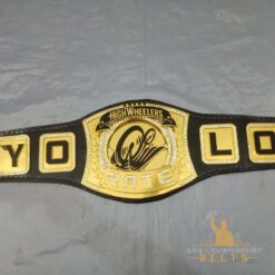 Front view of the Yolo High Wheelers Championship Belt showcasing the spinner center plate and detailed engravings.