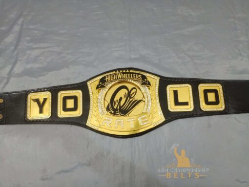 Front view of the Yolo High Wheelers Championship Belt showcasing the spinner center plate and detailed engravings.