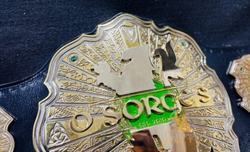 Detail shot of HD engraving on gold-plated plates of Custom Never Openweight Wrestling Belt