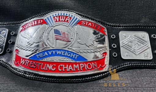 Close-up of NWA US Heavyweight Championship Belt Deep Etched Silver Plates