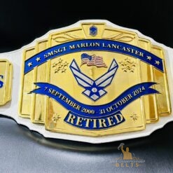 Detailed close-up of the Master Sergeant Retirement Belt showcasing deep HD engravings and gold finishing.