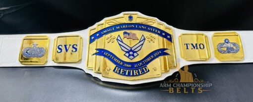 Detailed close-up of the Master Sergeant Retirement Belt showcasing deep HD engravings and gold finishing.