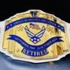 Personalized Service Award Belt featuring custom military badges and engraved text for a distinguished look.