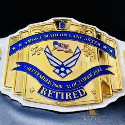 Personalized Service Award Belt featuring custom military badges and engraved text for a distinguished look.