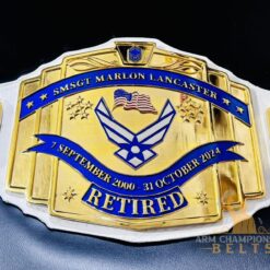 Personalized Service Award Belt featuring custom military badges and engraved text for a distinguished look.