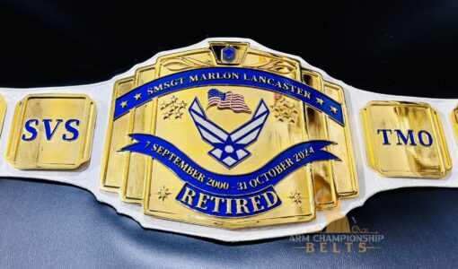 Personalized Service Award Belt featuring custom military badges and engraved text for a distinguished look.