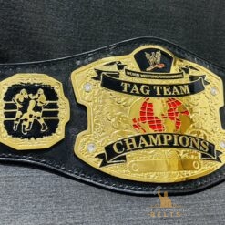 deep etching on the plates of the WWE RAW Ruthless Aggression World Tag Team Championship Belt, showcasing its intricate design.