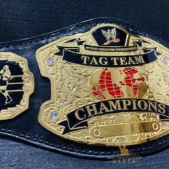 A side view of the WWE RAW Ruthless Aggression World Tag Team Championship Replica Belt, emphasizing its sleek design and sturdy build.