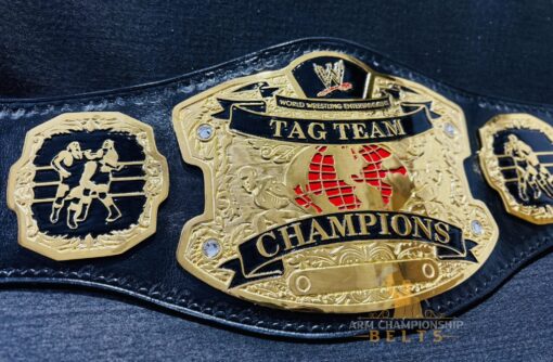 A side view of the WWE RAW Ruthless Aggression World Tag Team Championship Replica Belt, emphasizing its sleek design and sturdy build.