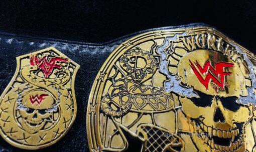 Close-up of the HD engraved design on the Smoking Skull Wrestling Belt,