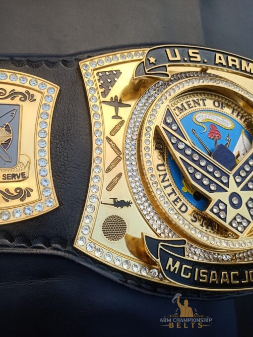 Custom US Army Championship Belt displaying personalized logos and text