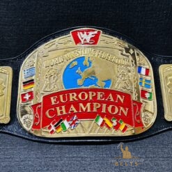 Customizable plates on the WWF European Championship Replica Belt, designed for adding personal logos and text.