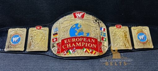 Customizable plates on the WWF European Championship Replica Belt, designed for adding personal logos and text.