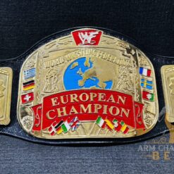 Customizable plates on the WWF European Championship Replica Belt, designed for adding personal logos and text.