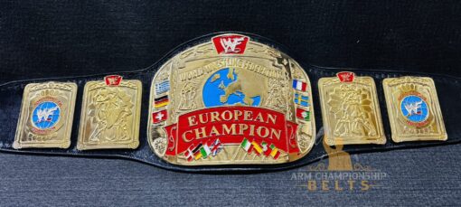 Customizable plates on the WWF European Championship Replica Belt, designed for adding personal logos and text.