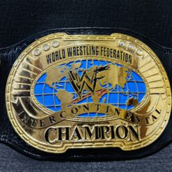 Close-up of the 4mm thick zinc plates with gold and chrome finish on the WWF Intercontinental Championship Replica Belt