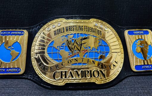 Close-up of the 4mm thick zinc plates with gold and chrome finish on the WWF Intercontinental Championship Replica Belt