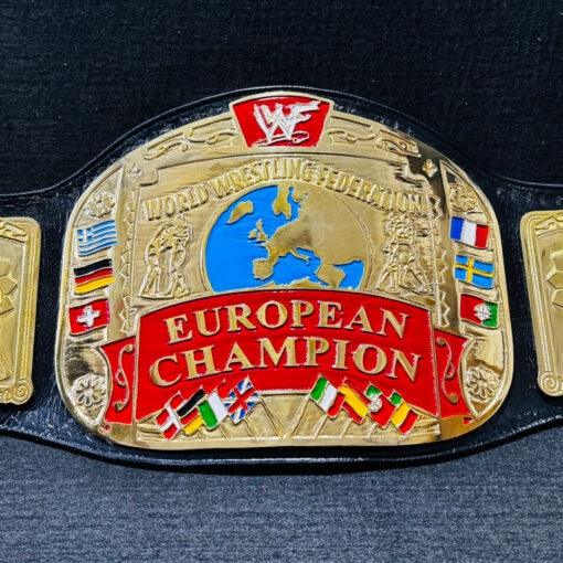 Front view of the WWF European Championship Replica Belt showcasing its intricate gold-plated zinc plates and classic design