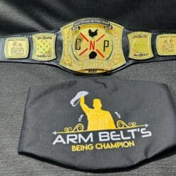 Employee of the Month recognition belt with engraved plates and company logo in gold