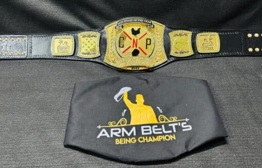 Employee of the Month recognition belt with engraved plates and company logo in gold