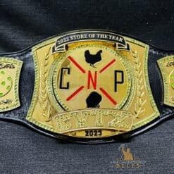 Personalized corporate recognition championship belt with gold-plated center plate for outstanding performance