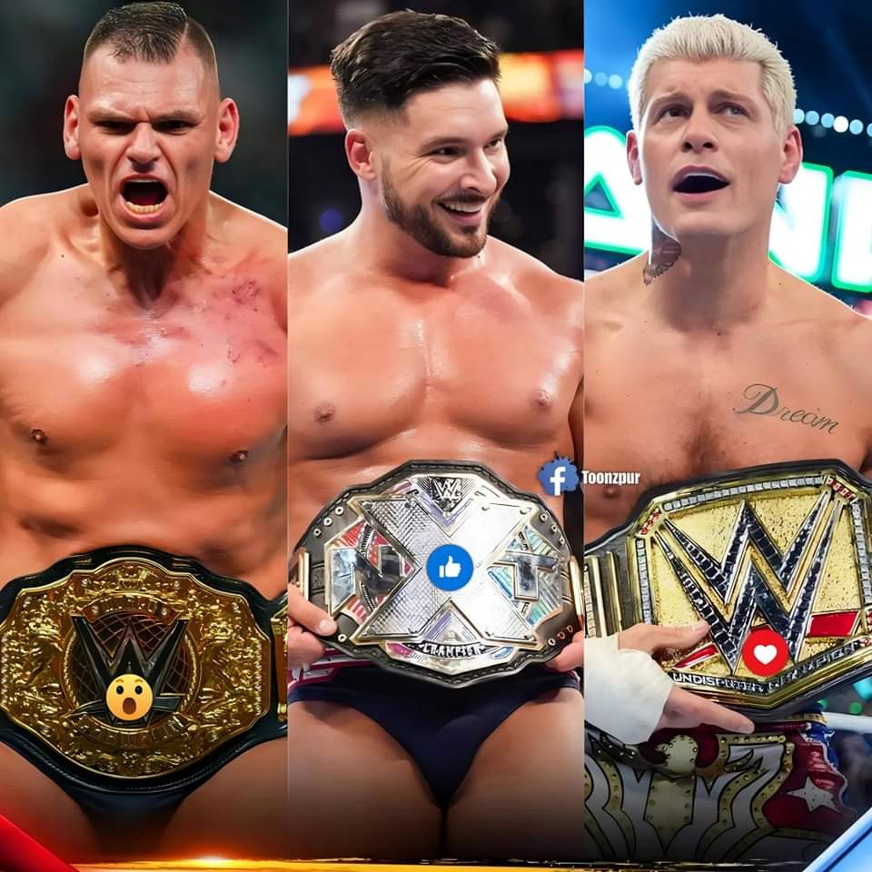 Collage of current WWE World Champions including Gunther, Ethan Page, and Cody Rhodes with a backdrop of championship belts, highlighting future predictions