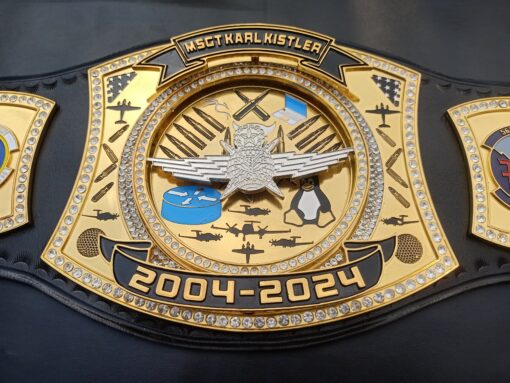 Personalized championship belt designed to recognize military service with custom engravings