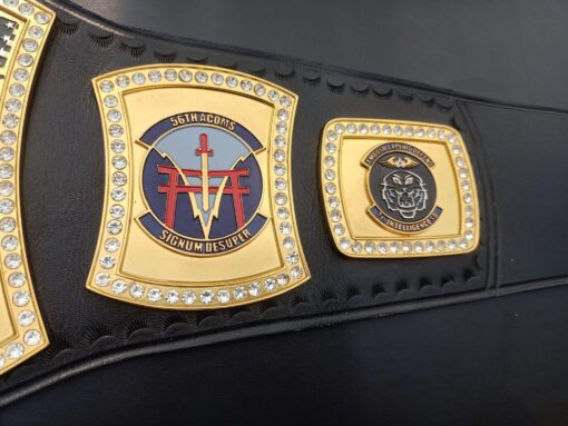 Customizable military-themed belt with intricate engraving and customizable features.