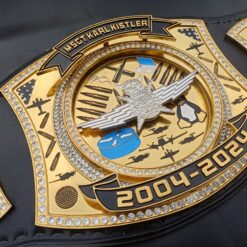 Customized military championship belt with engraved badges and names