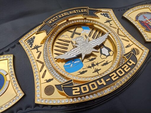 Customized military championship belt with engraved badges and names