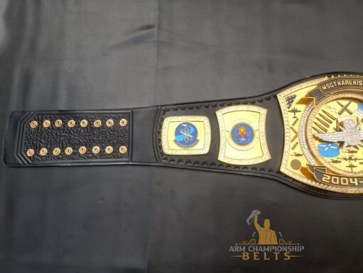 Customizable military championship belt with personal designs, engravings, and a Spinner Plate