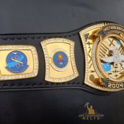 Military championship belt featuring engraved Air Force badges and custom text