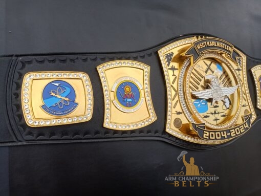 Military championship belt featuring engraved Air Force badges and custom text