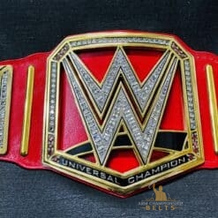 Replica WWE Universal Championship belt with customization options for logos, text, and designs. Perfect for wrestling enthusiasts.