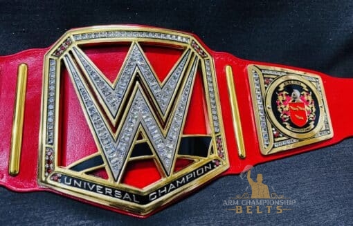 Custom wrestling title belt with universal design elements, perfect for collectors and WWE enthusiasts looking for a unique piece.