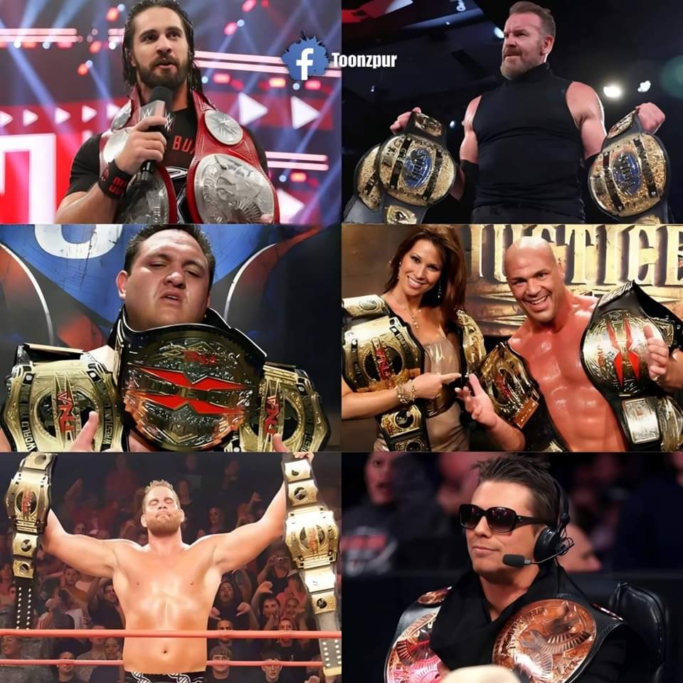 Wrestlers holding tag team championships by themselves in WWE and TNA history, featuring stars like Seth Rollins, Samoa Joe, and The Miz.