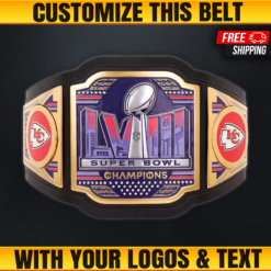 Kansas City Chiefs Super Bowl LVIII Champions WWE Legacy Title Belt with custom gold-plated zinc plates and genuine leather strap.