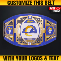 Custom Los Angeles Rams Title Belt with gold-plated zinc plates and genuine leather strap