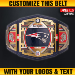 Custom New England Patriots Championship Belt featuring gold-plated zinc plates and genuine leather strap.