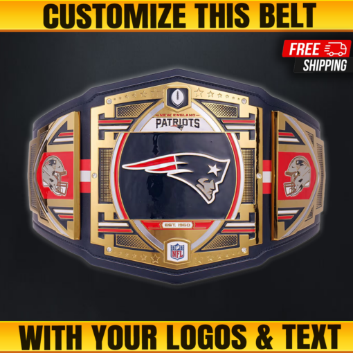 Custom New England Patriots Championship Belt featuring gold-plated zinc plates and genuine leather strap.