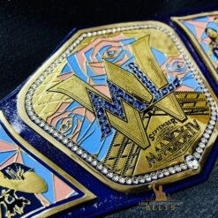 Various design options for custom championship belts, including logos and text, allowing for personalized wedding belts.