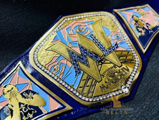 Various design options for custom championship belts, including logos and text, allowing for personalized wedding belts.