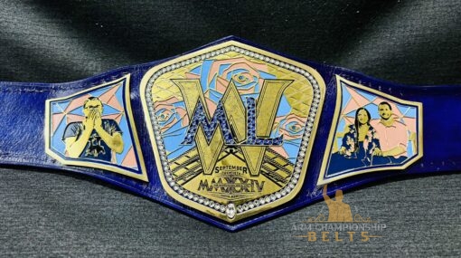 Replica wrestling belt featuring a custom wedding design, highlighting the combination of wrestling heritage and personalized wedding elements.