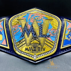 Front view of a custom wedding championship belt featuring personalized text and logos, highlighting the unique design for a special occasion.