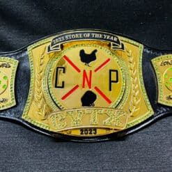 Custom-designed company recognition award belt with gold plates and personalized logos