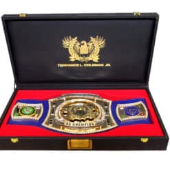 Fully customizable spinner championship belt for U.S. Navy and Army with rank insignias and logos.