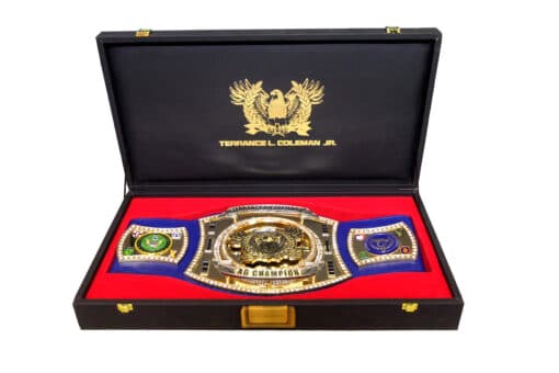 Fully customizable spinner championship belt for U.S. Navy and Army with rank insignias and logos.